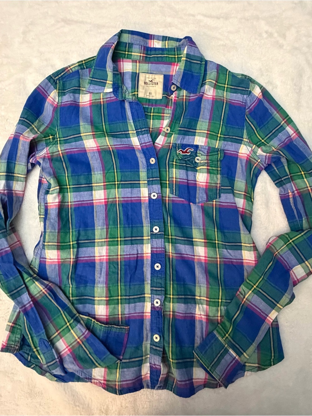 Hollister Blue, Green & White Plaid Button-Down Shirt